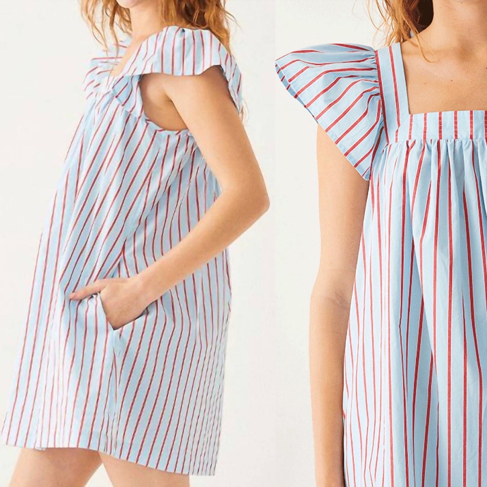 Voyageur by Mersea Capri Blue Red Striped Babydoll Mini Dress Pockets Nautical M